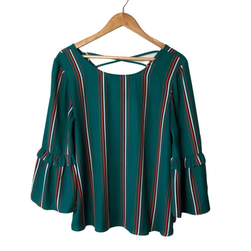 Krazy Kat Boutique Womens Green Stripe Bell Sleeve‎ Cutout Back Blouse Top